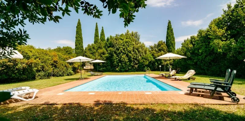 An outdoor swimming pool is surrounded by greenery and lounge seating.