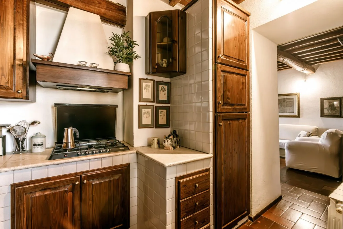 A compact kitchen with wooden cabinets and a television, opening onto a seating area.