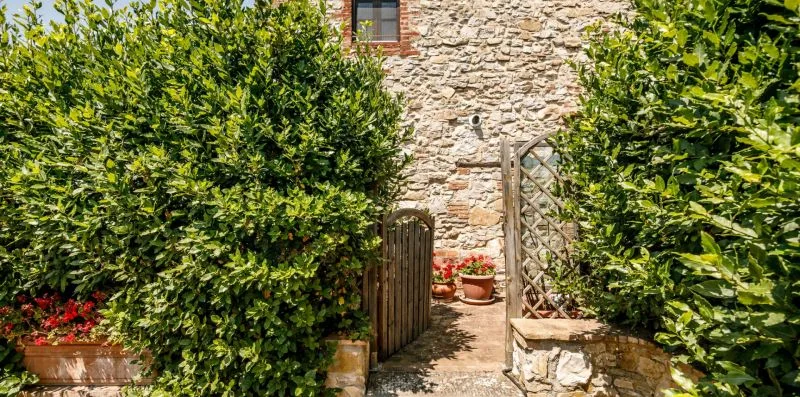 A garden path passes through a wooden gate beside a stone wall and leafy shrubs.