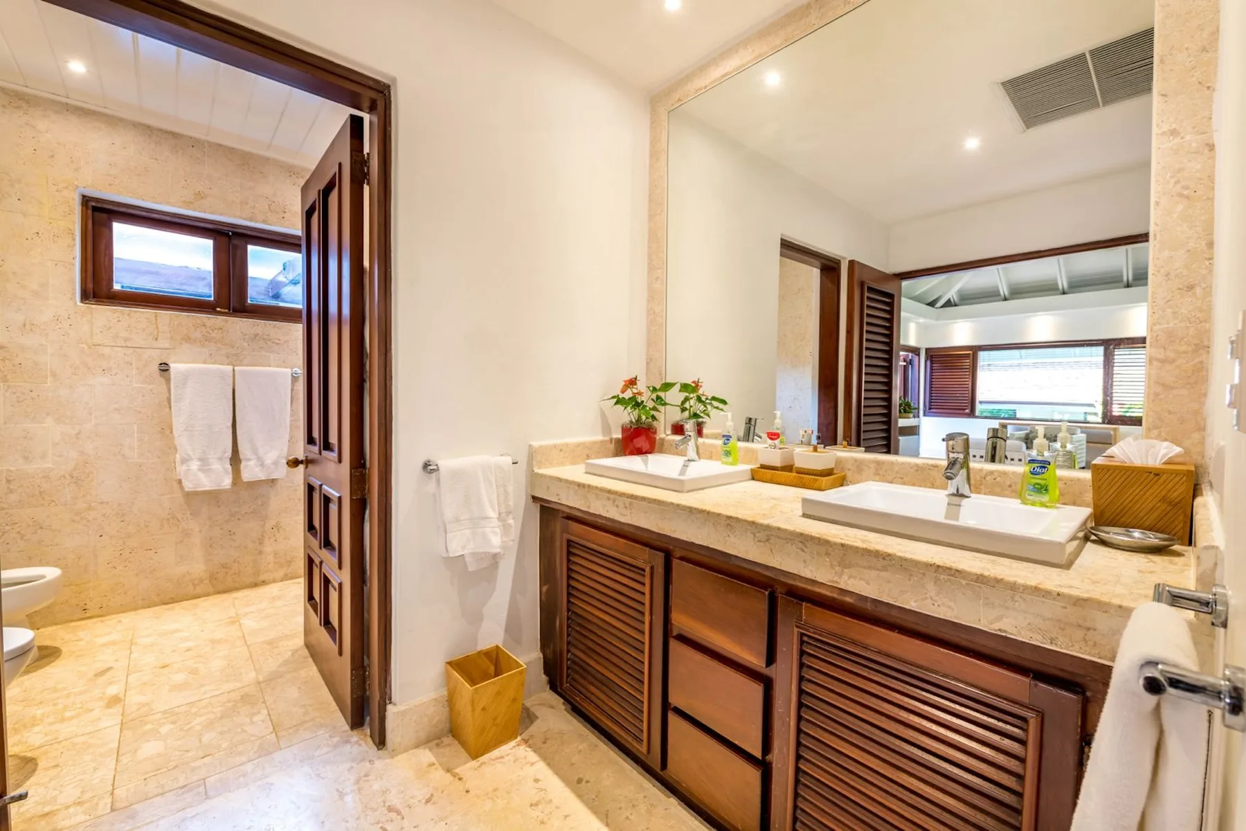A bathroom vanity with a wide mirror and an open doorway to the shower area.