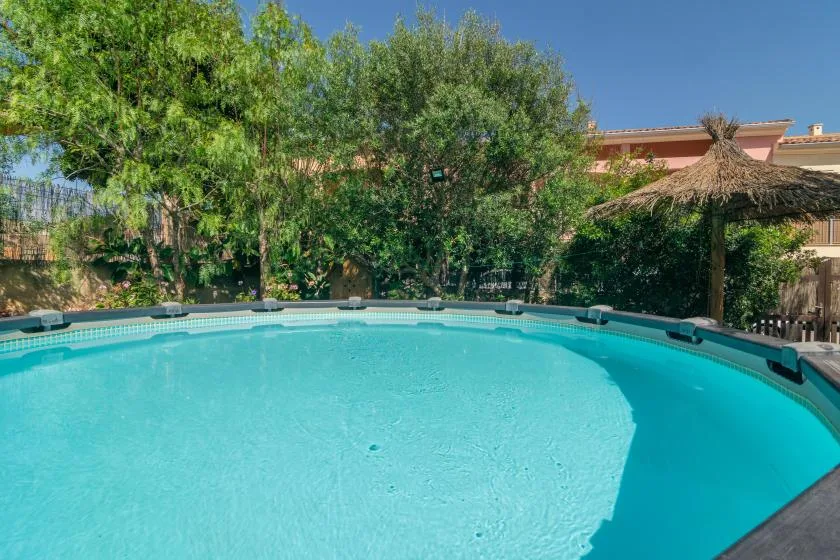 An outdoor swimming pool is surrounded by trees and a thatched sunshade.