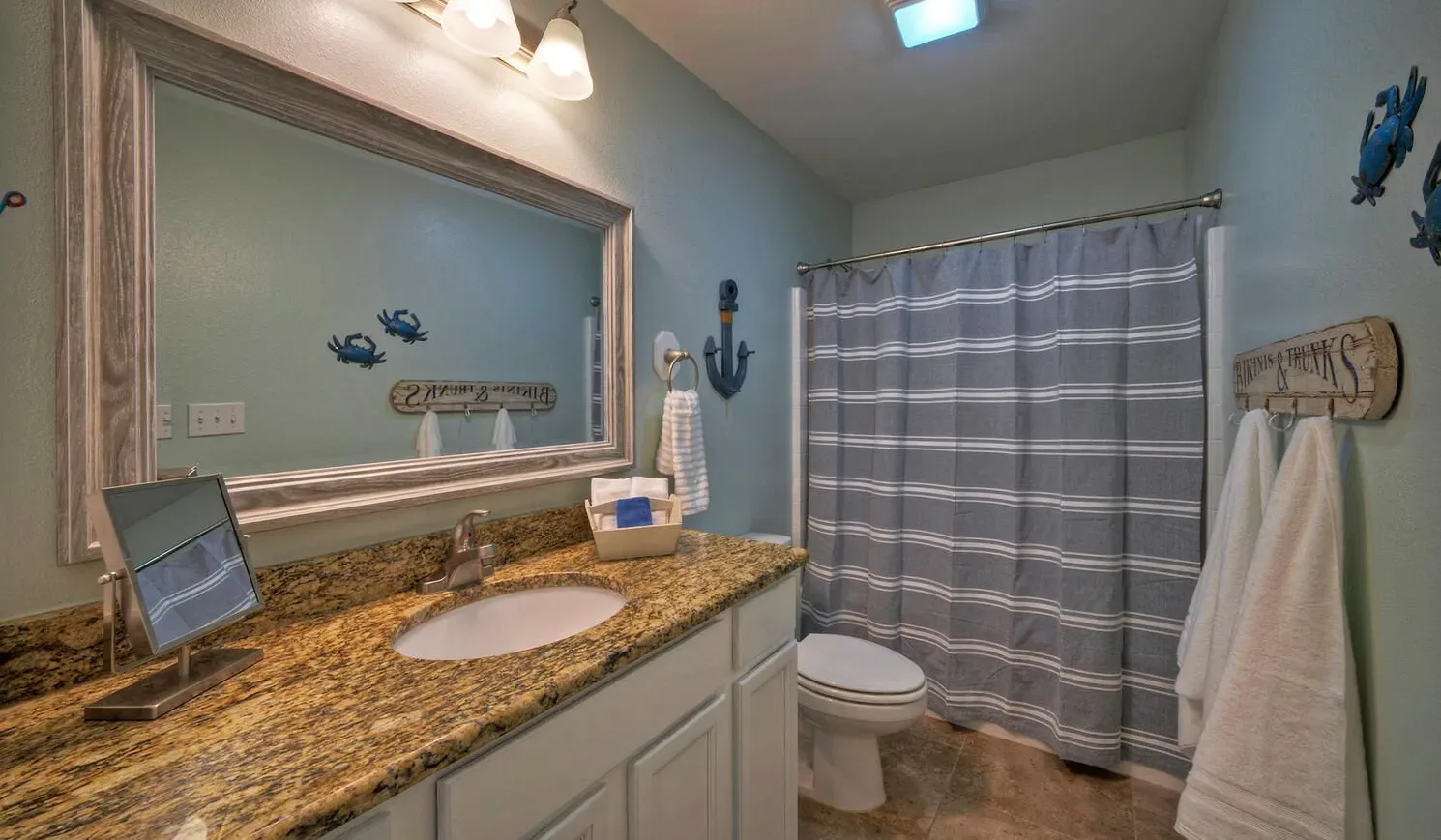 A bathroom vanity with a sink sits beside a shower curtain and toilet.