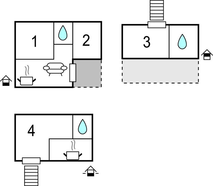 Floor plan diagrams show numbered rooms, seating, and water fixtures.