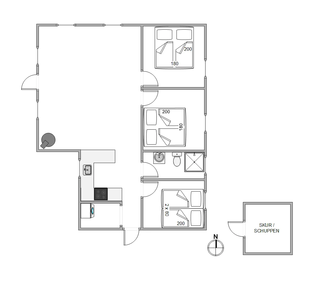 Un plano muestra varias habitaciones, zonas para dormir y una cocina.