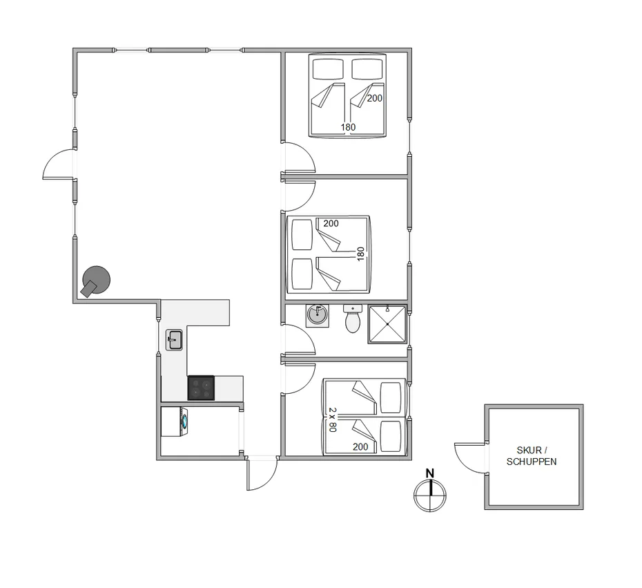 Un plano muestra una sala de estar, cocina, dormitorios y un baño.
