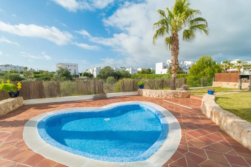 Outdoor swimming pool on a tiled patio, with a palm tree and garden beyond.