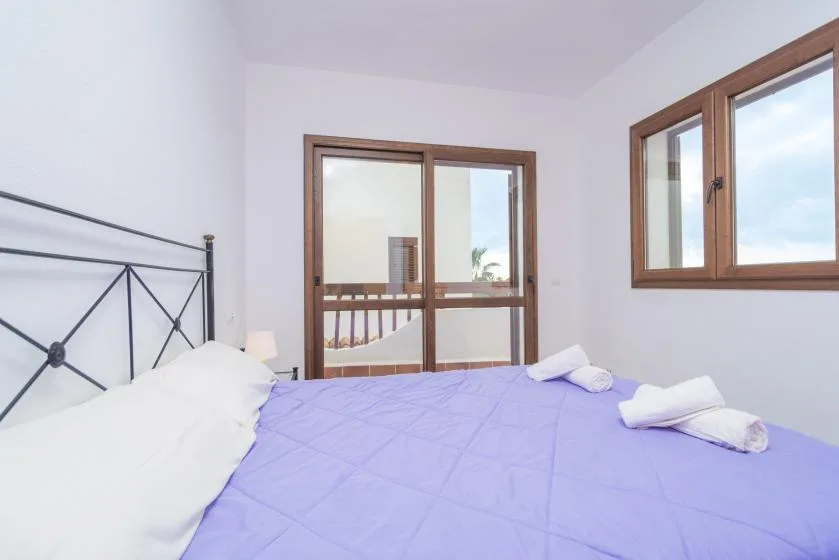 Un dormitorio con una cama cubierta de ropa de cama morada junto a una ventana.