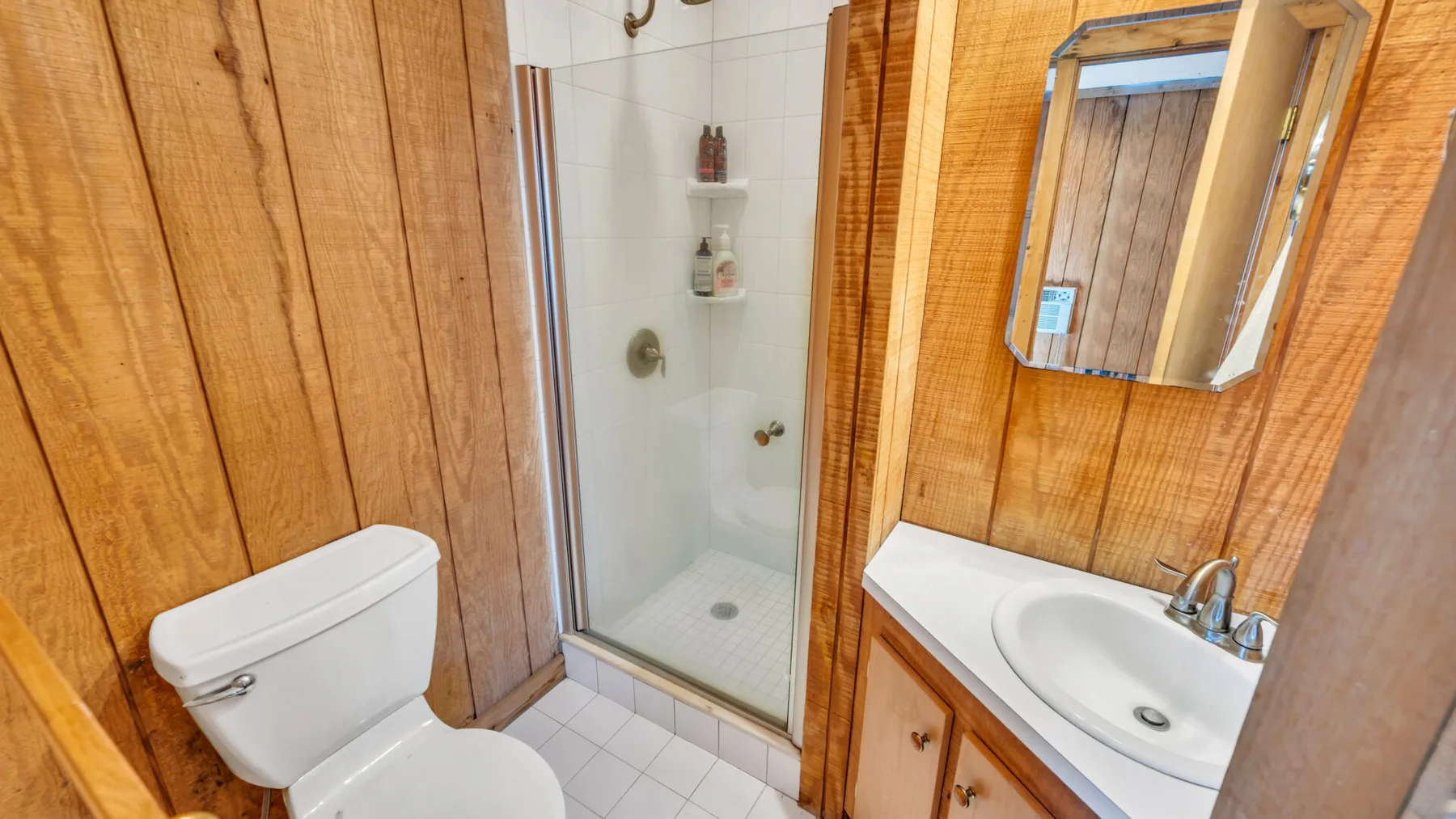 Un baño con ducha de vidrio, inodoro y lavabo.
