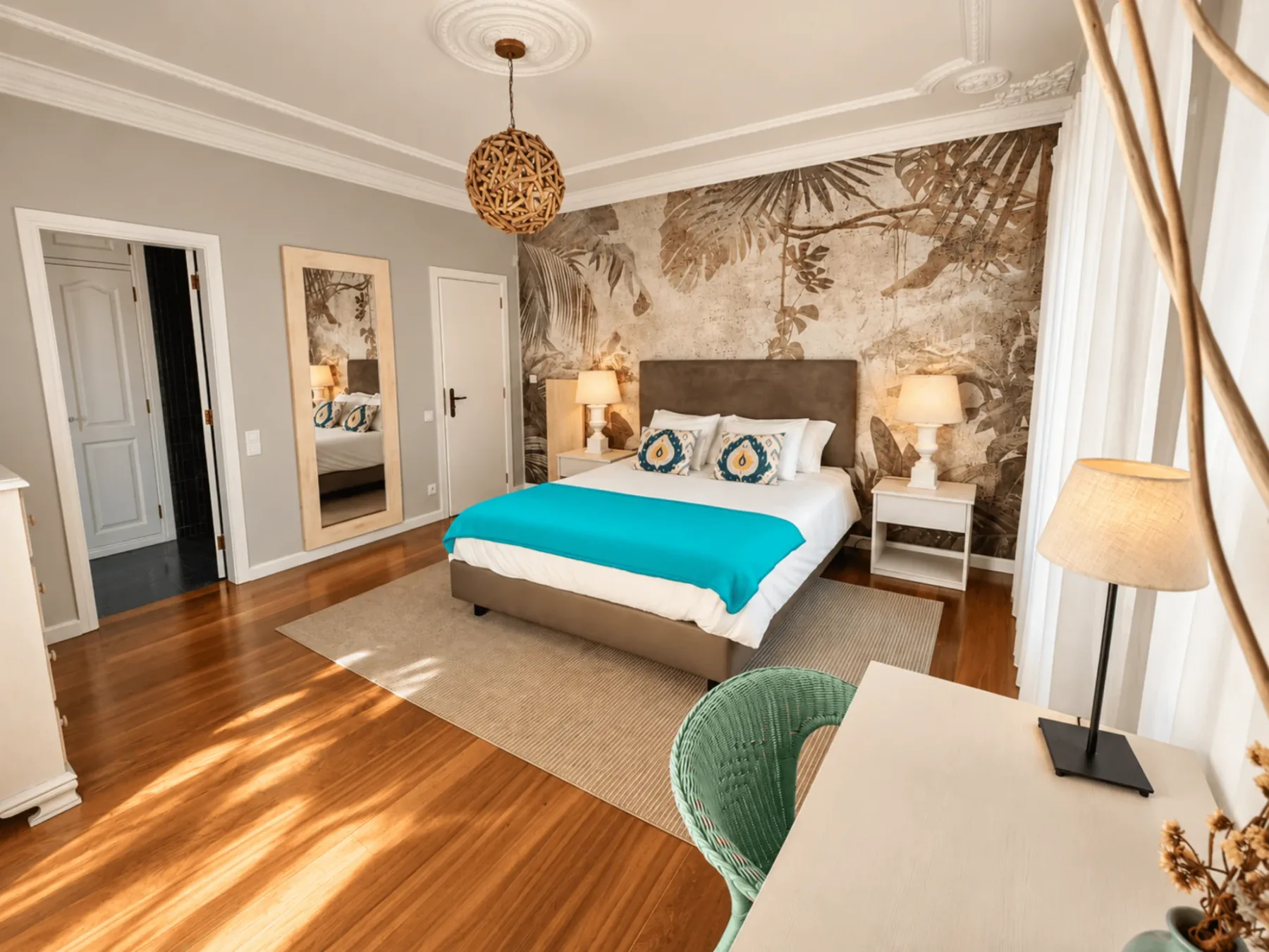 Vila Louro bedroom with turquoise bedspread and botanical decor