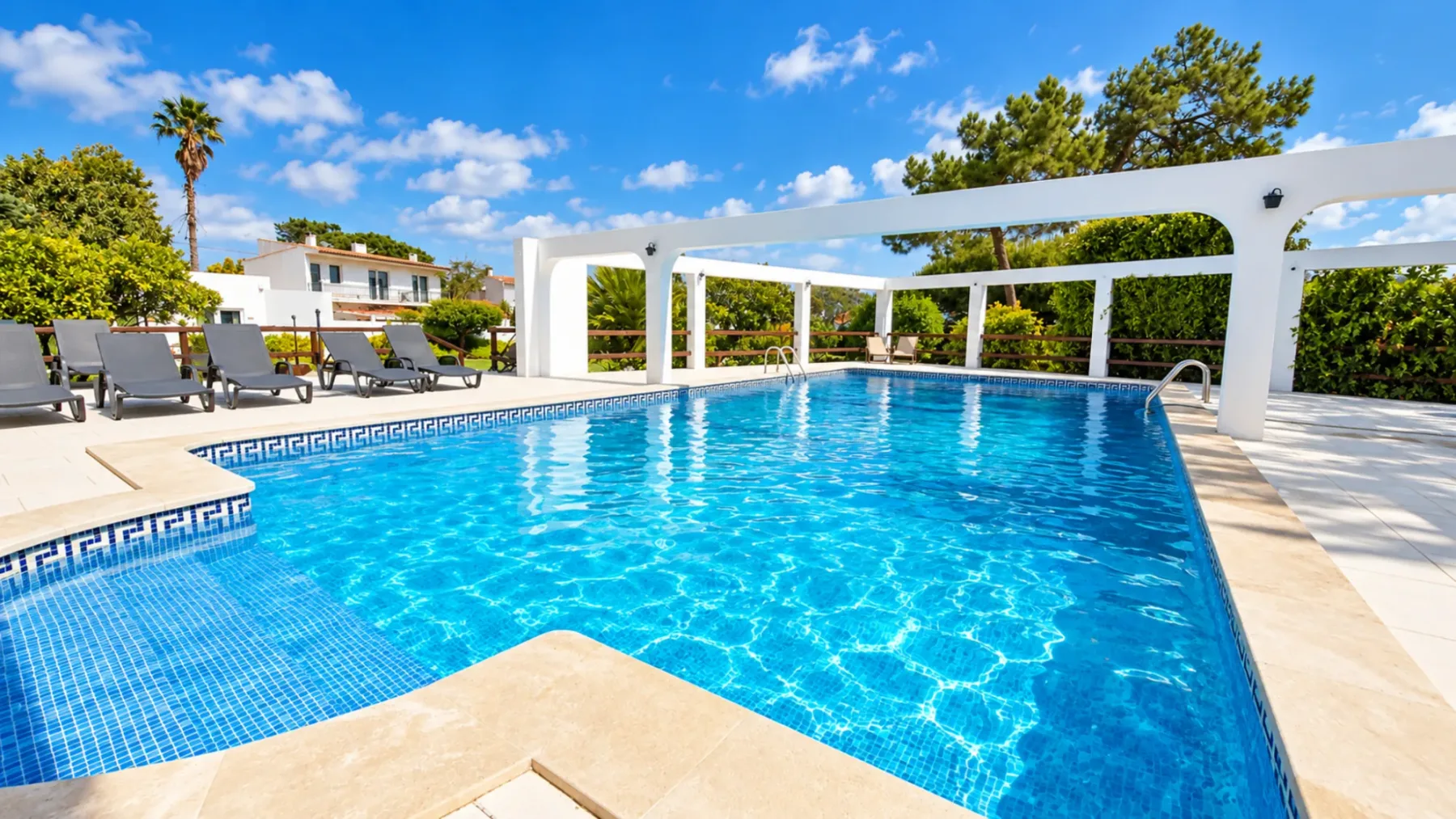 Vila Louro pool with white pergola and sun loungers