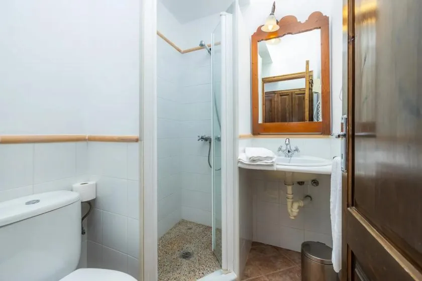 A bathroom with a shower, toilet, and sink beneath a wall mirror.