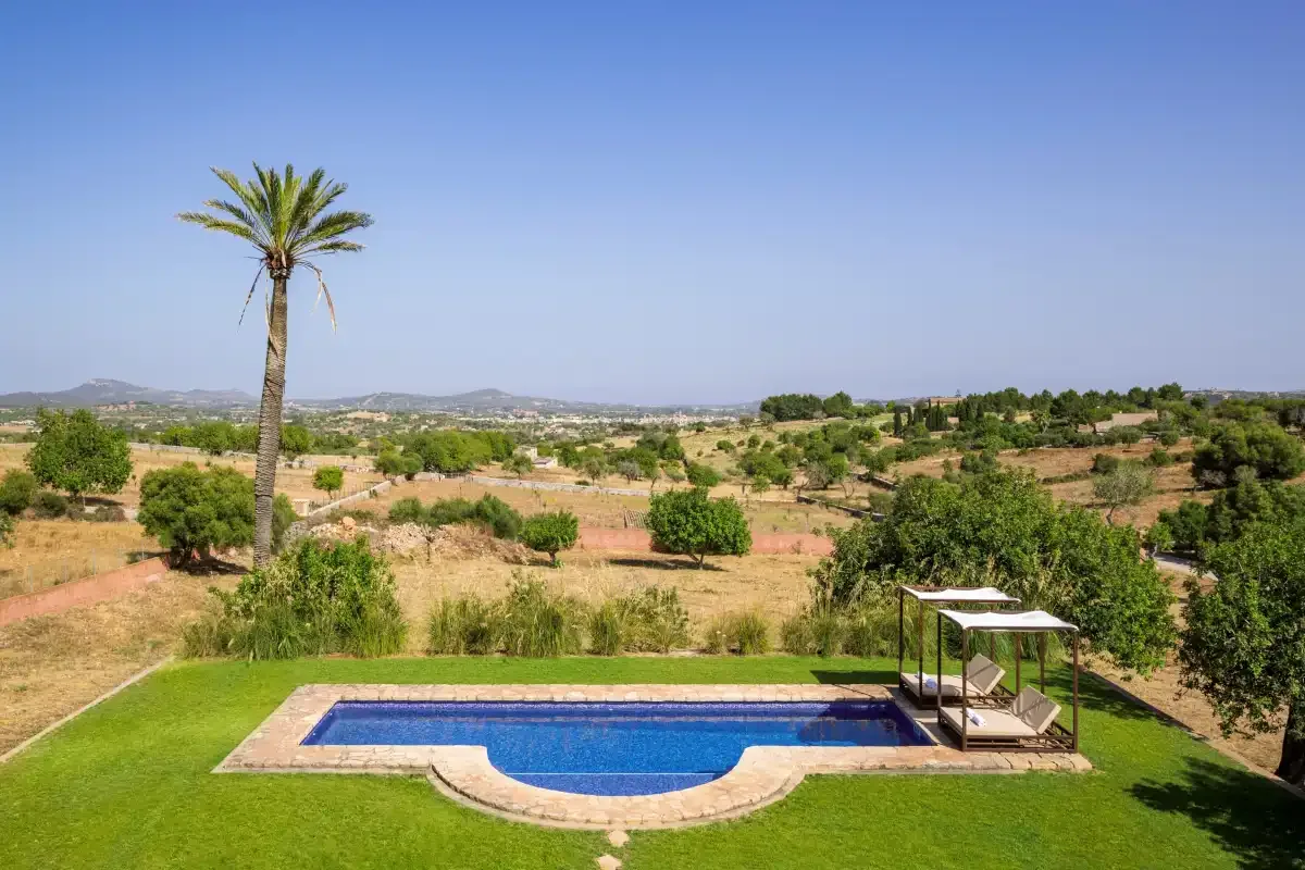 A swimming pool bordered by lawn overlooks a sunny rural landscape.