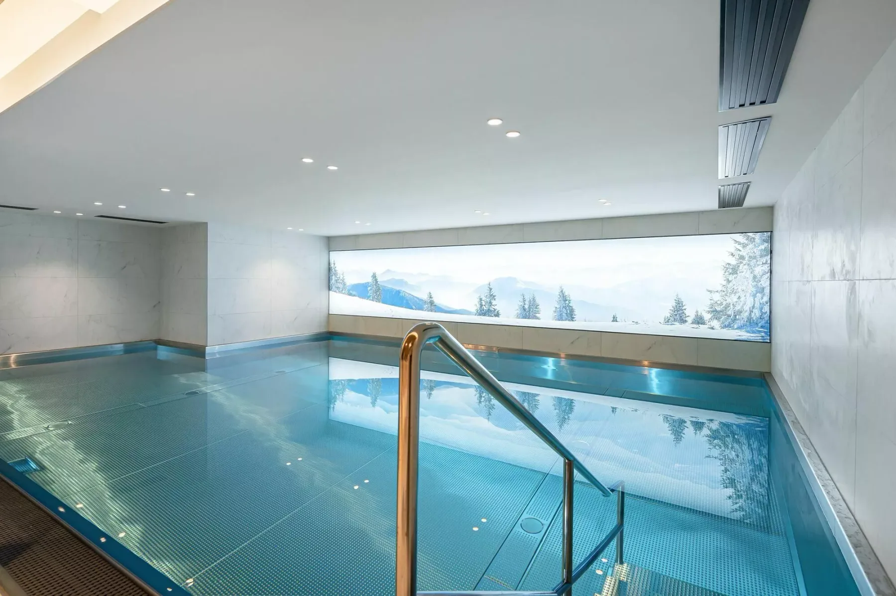 An indoor swimming pool with a wide window overlooking a snowy landscape.