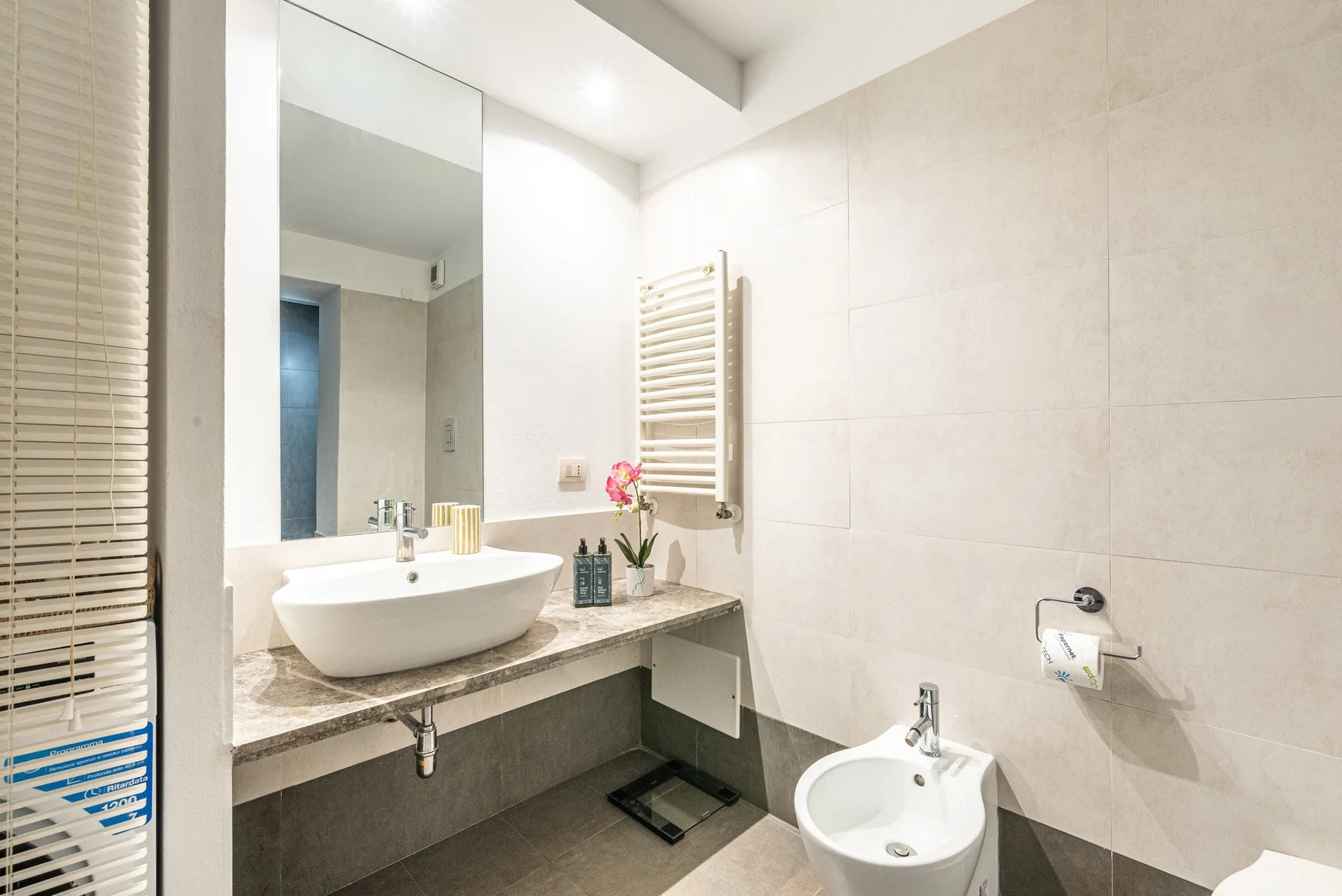 Un baño luminoso con lavabo, espejo y bidé.