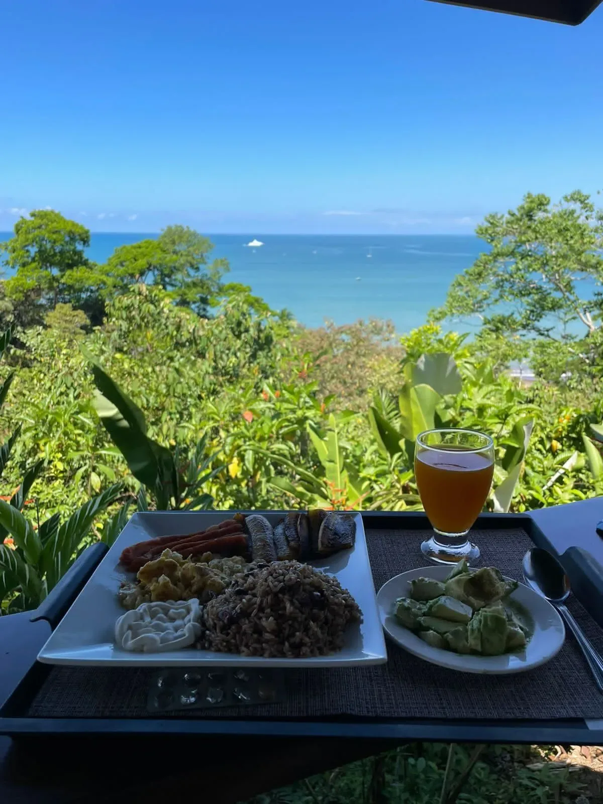 Breakfast plate with eggs, rice, avocado, sausage, and juice, with an ocean view.