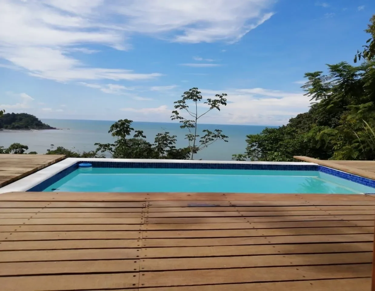 Swimming pool overlooking the ocean, surrounded by a wooden deck and greenery.