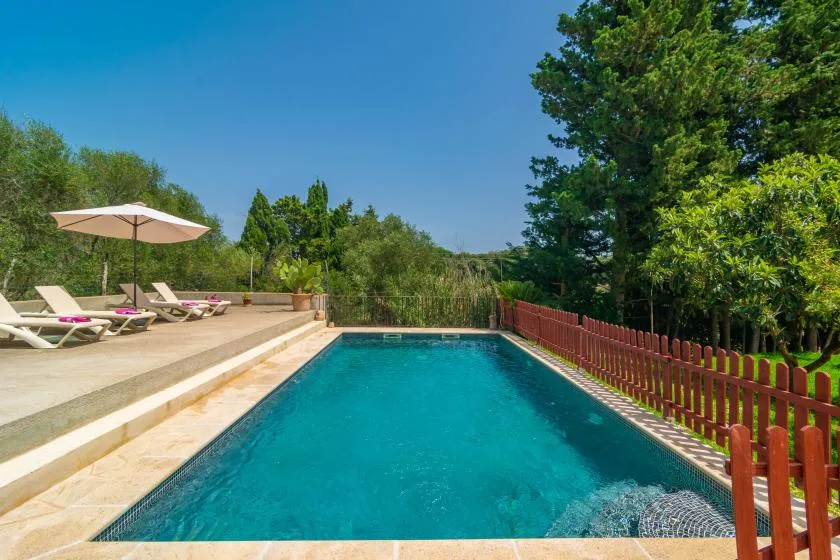 An outdoor swimming pool sits beside a sunlit patio with loungers and an umbrella.