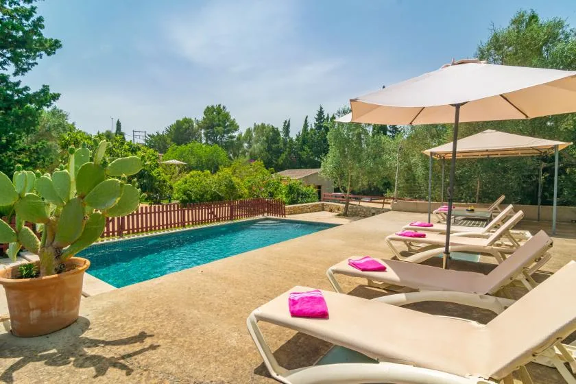 An outdoor swimming pool beside sun loungers and large shade umbrellas.