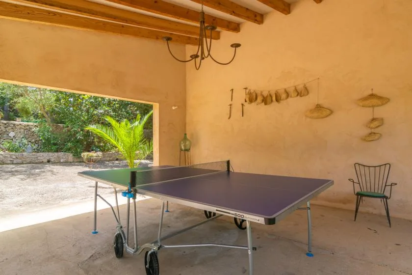 A table tennis table stands in a covered patio with an open view of greenery.
