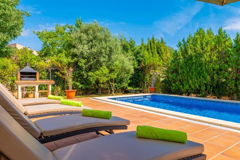 Una piscina junto a asientos de descanso, con árboles y vegetación alrededor del patio.