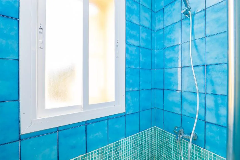 Un baño alicatado con una ducha junto a una ventana translúcida.