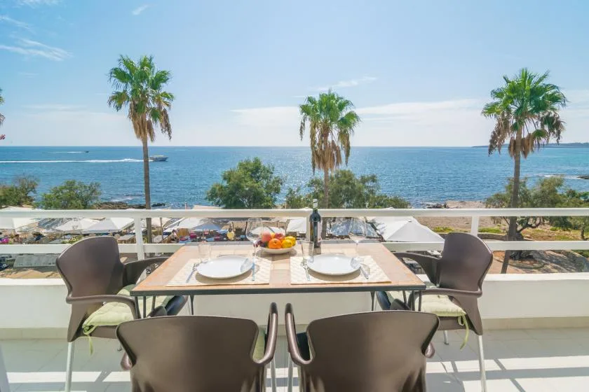 An outdoor dining table overlooks the sea, with palm trees along the shore.