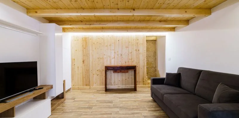 Living room with dark seating, a television, and light wood paneling.