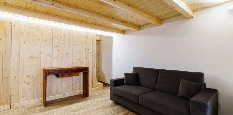 A living room with dark seating beside a light wood-paneled wall.