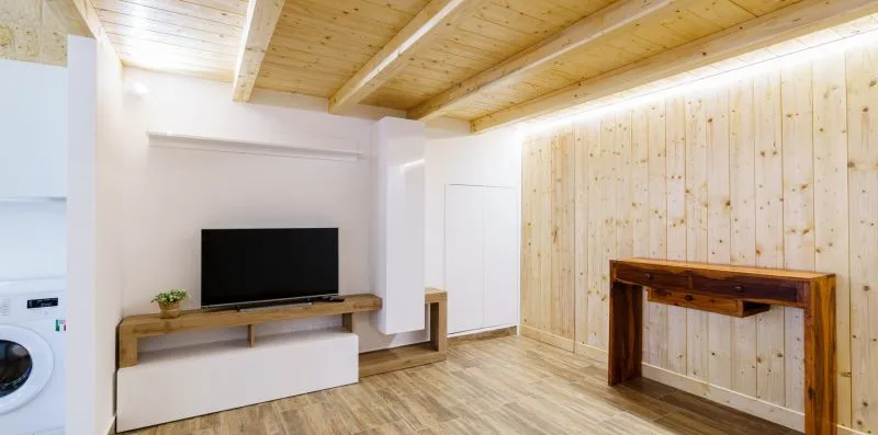 A bright room with a television on a wooden console and a wood-paneled wall.