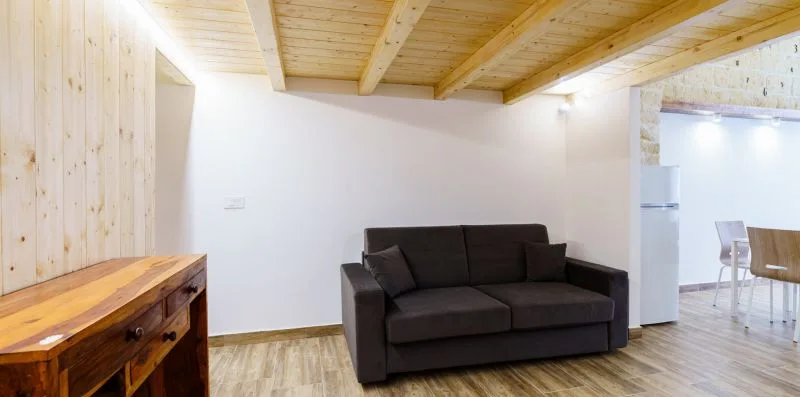 A living room with a dark sofa beneath a wooden ceiling.