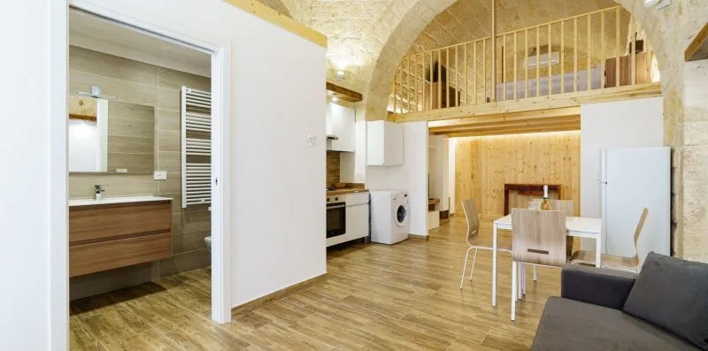 An open-plan living and dining area with a kitchen and an arched loft above.