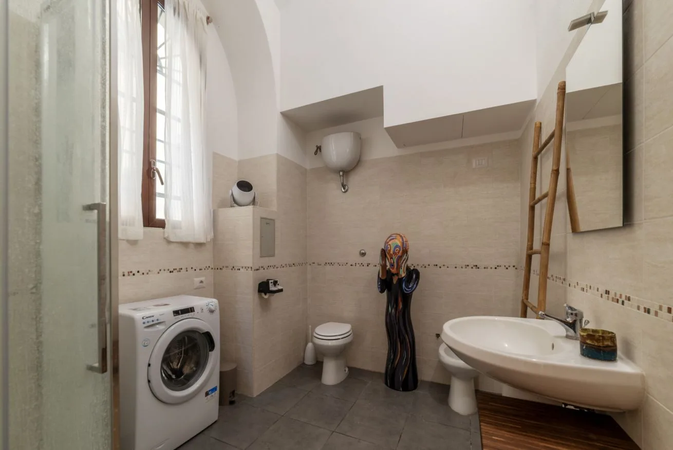 Un baño con lavadora, inodoro y lavabo.