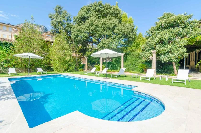 An outdoor swimming pool is surrounded by lounge seating and leafy trees.