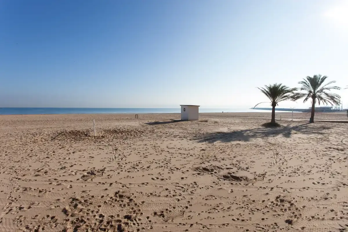 A sandy beach stretches toward the sea, with palm trees and a small beach structure.