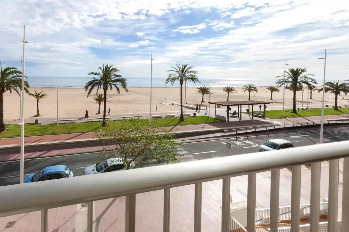 A beachfront promenade with palm trees, a road, and the sea beyond.