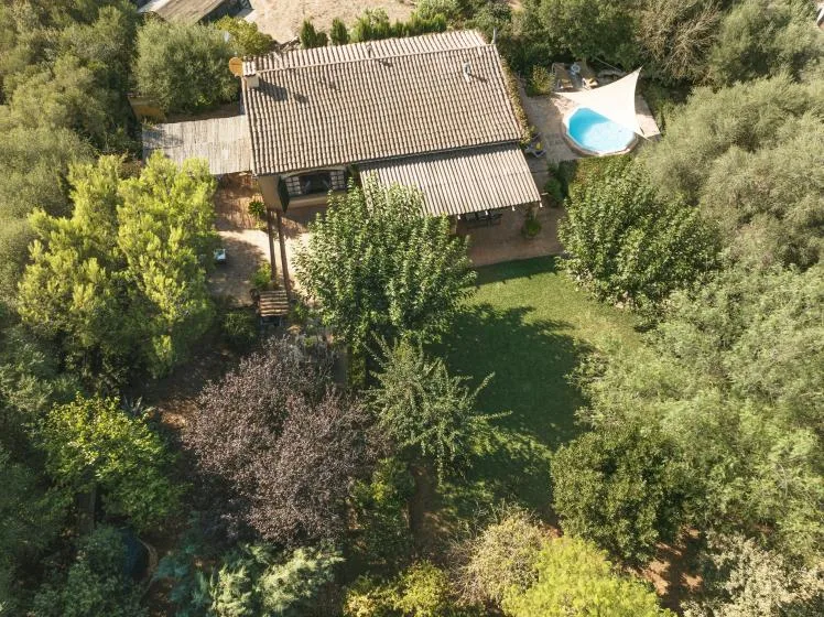 Vista aérea de una casa con techo de tejas rodeada de árboles y una pequeña piscina cercana.