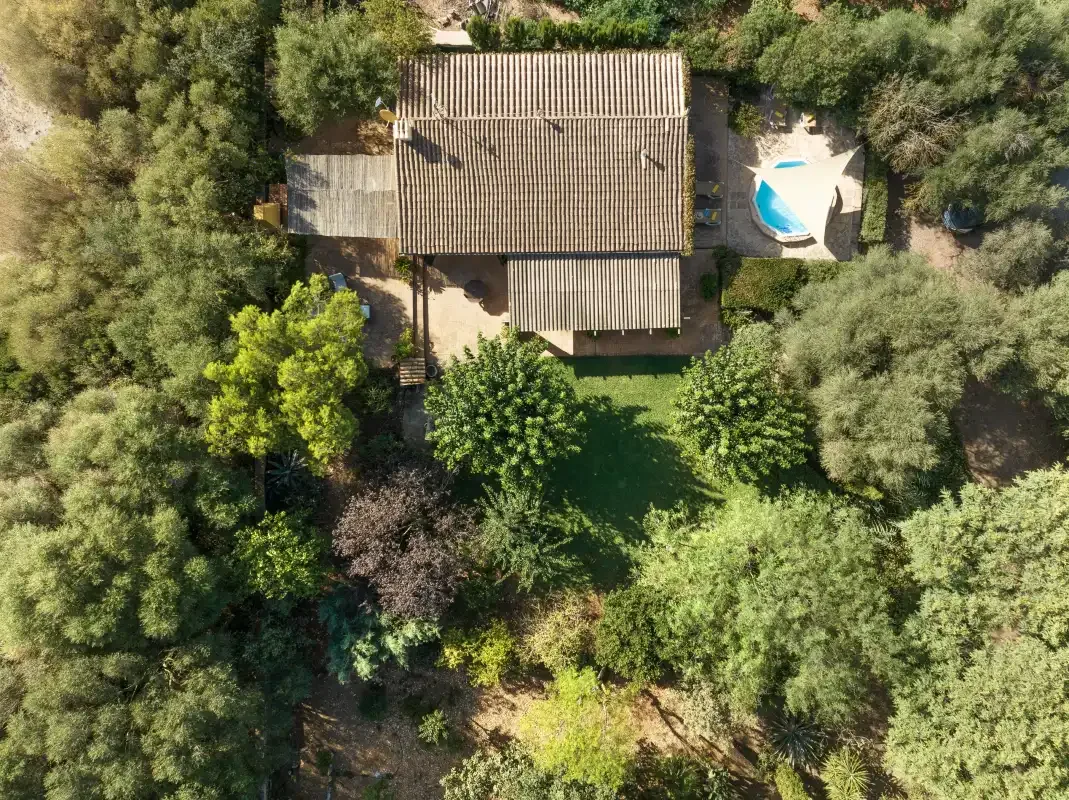 Vista aérea de una casa rodeada de árboles, con una piscina cercana.