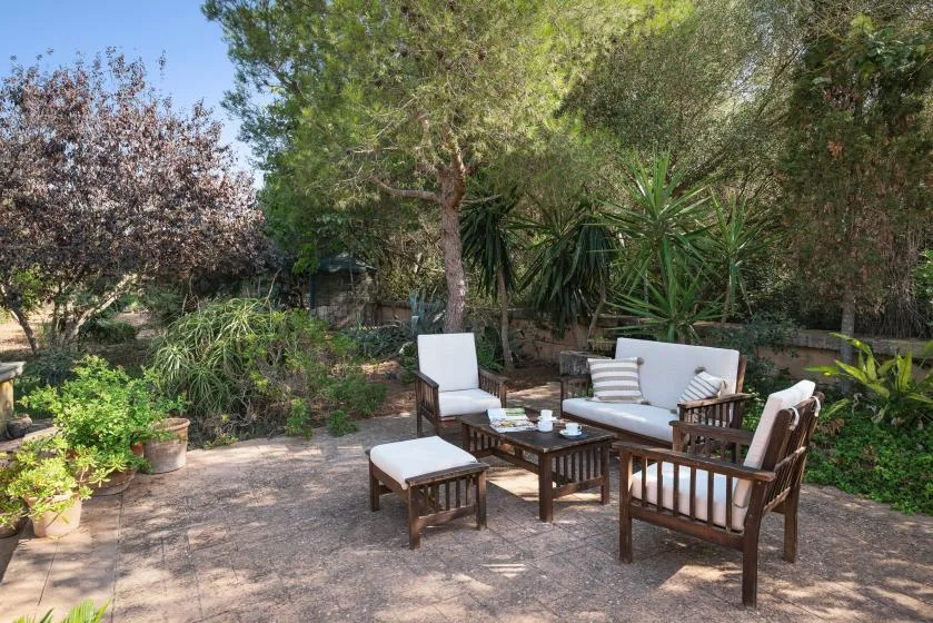 Una zona de estar al aire libre con asientos acolchados y una mesa baja entre plantas.