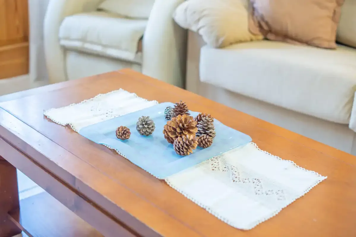 A living room seating area with a wooden coffee table and decorative pinecones.