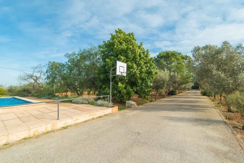 Un camino pavimentado pasa junto a una piscina y una canasta de baloncesto.