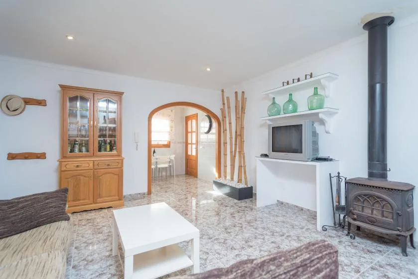 Una sala de estar luminosa con una estufa de leña y un televisor.