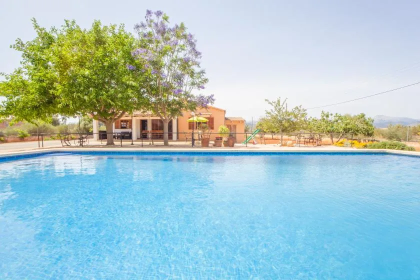 Una piscina al aire libre frente a un edificio bajo y árboles frondosos.