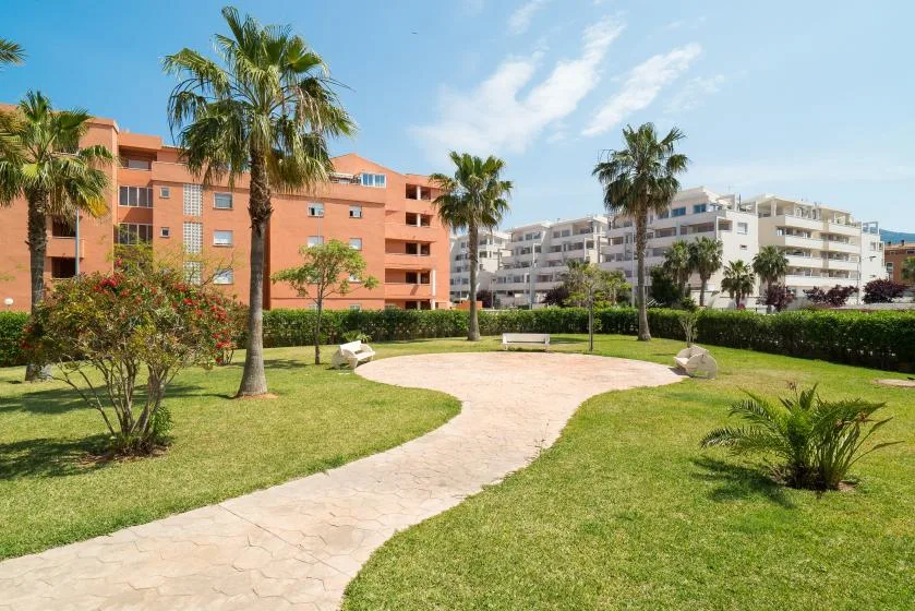 Un patio ajardinado tiene un sendero pavimentado curvo, césped, palmeras y edificios de apartamentos.