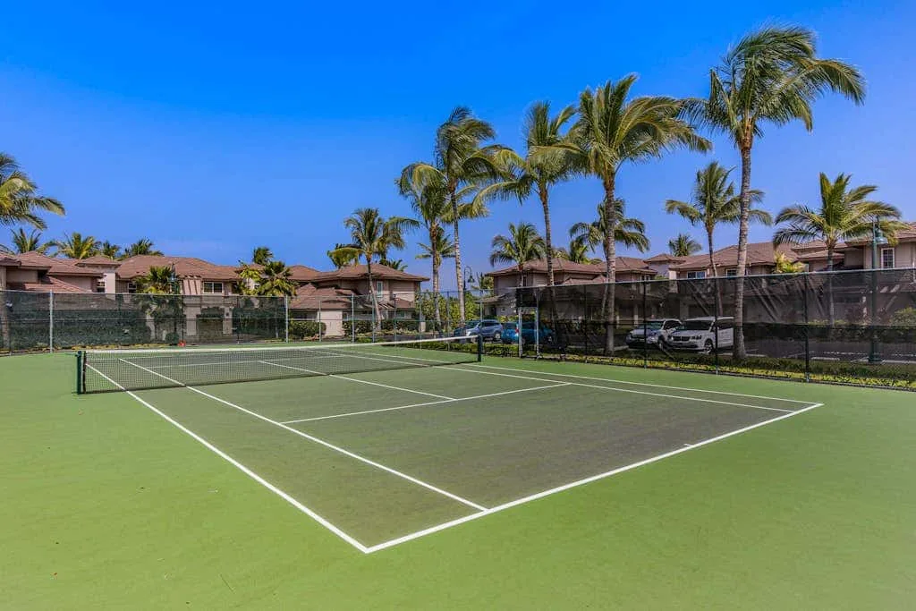 A tennis court sits beneath palm trees, with homes visible beyond the fence.