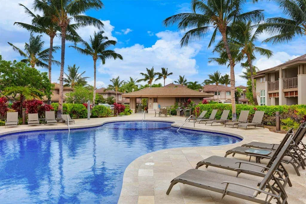 A swimming pool is surrounded by lounge chairs and palm trees.