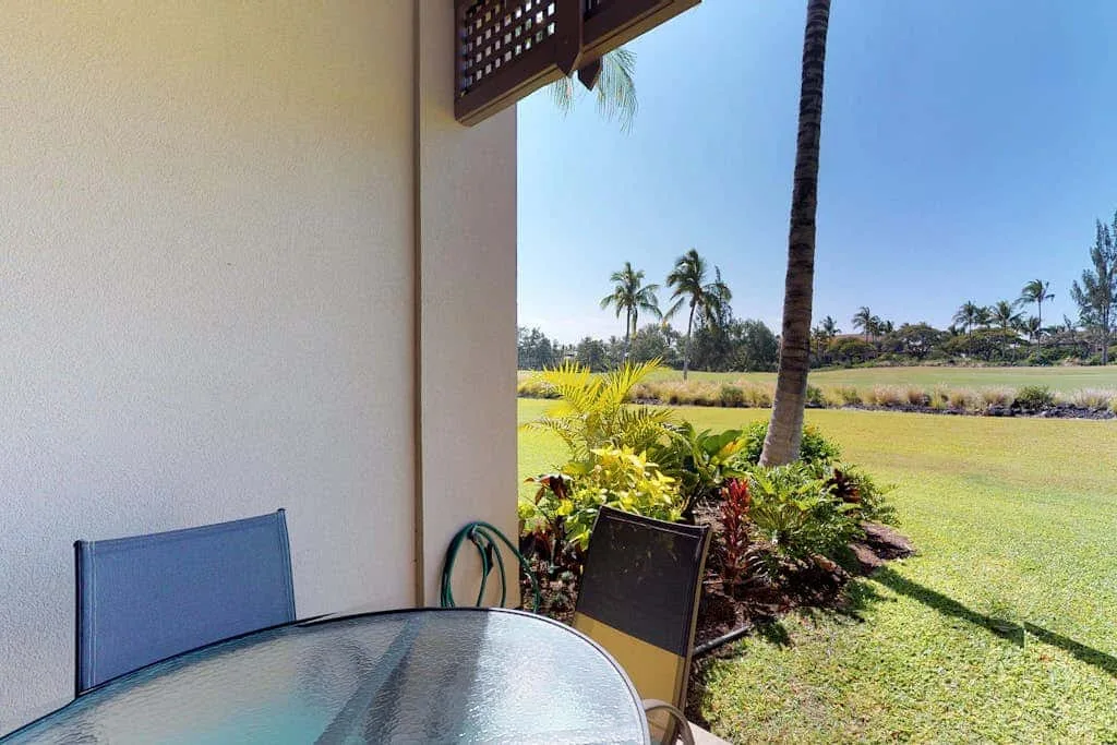 An outdoor patio seating area overlooks a sunny lawn and tropical plants.