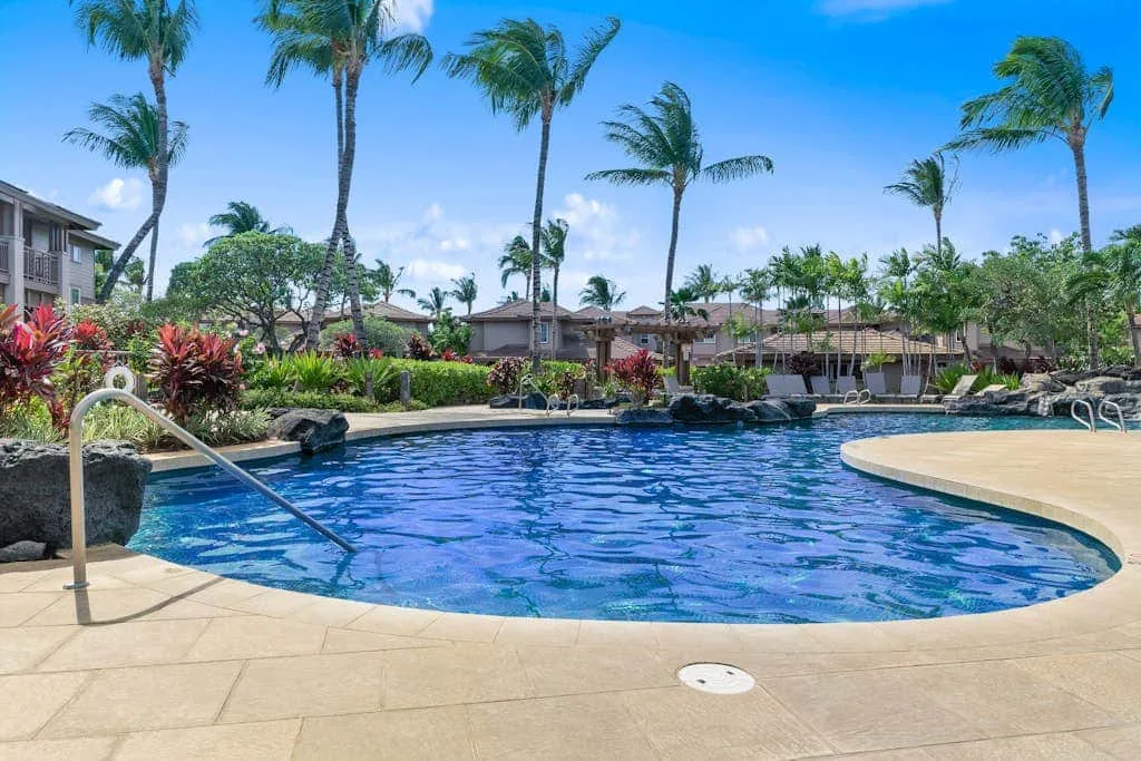 An outdoor swimming pool sits beside a curved deck, tropical plants, and palm trees.