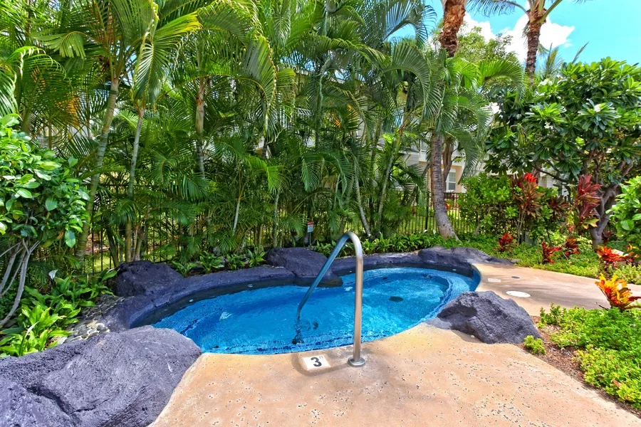 A small outdoor swimming pool sits among dense tropical greenery.