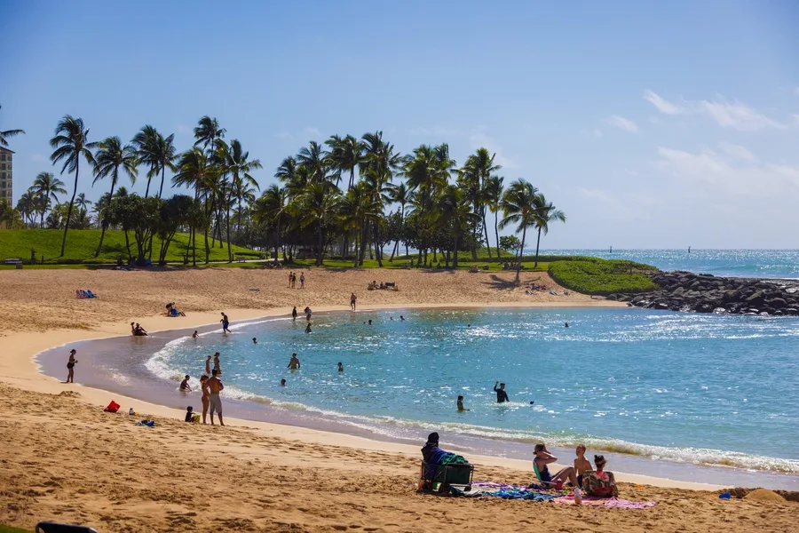A sandy beach curves around a calm swimming cove, with palm trees along the shore.