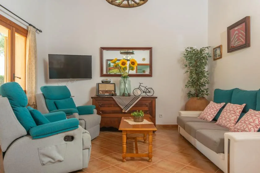 A living room with teal seating, a wooden coffee table, and a television.